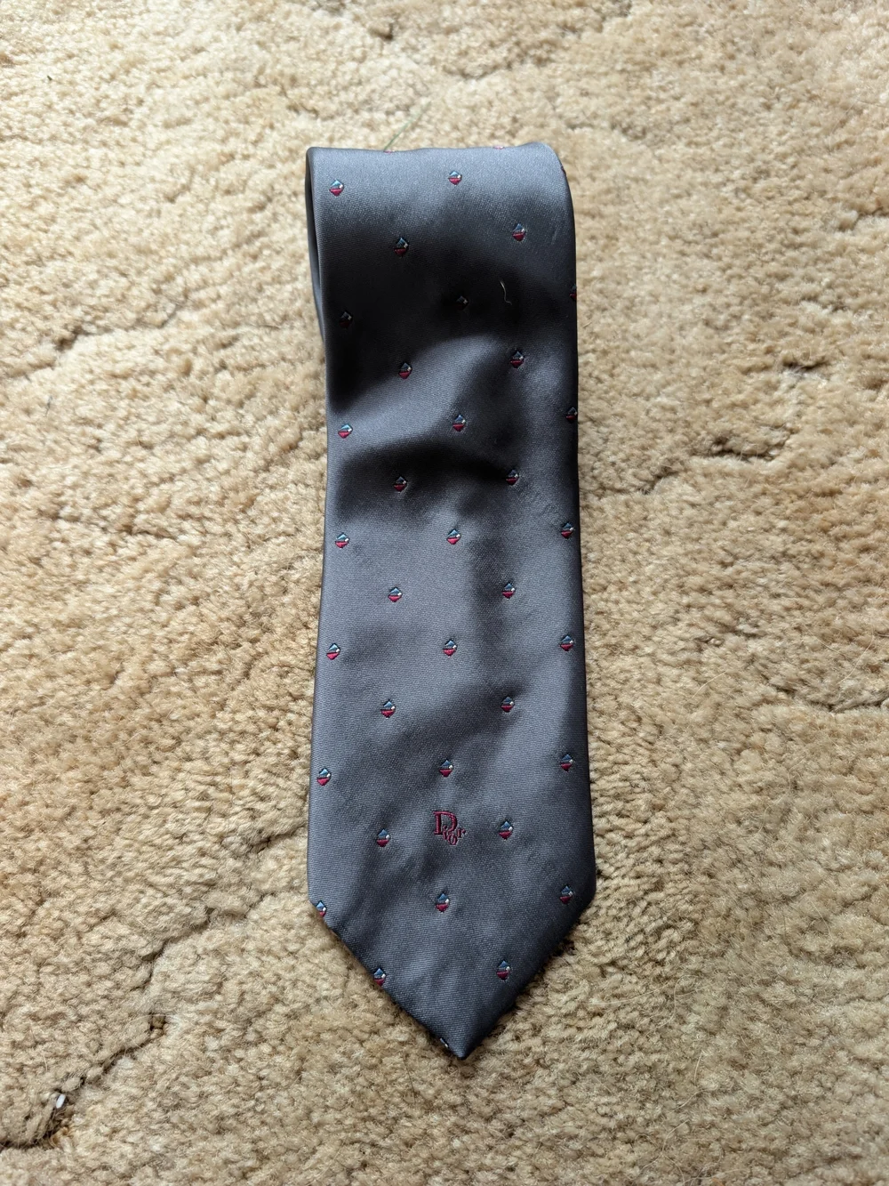Vintage Christian Dior Monsieur Silk Tie Gray Geometric Diamond Red Blue 3.75